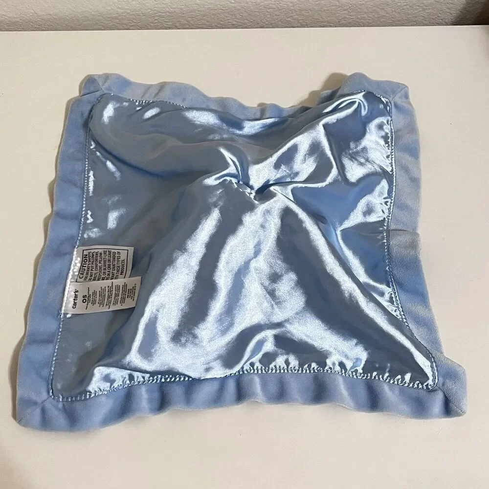 Carter's Blue Elephant Security Blanket Lovey Lovie Rattle Striped Satin Back